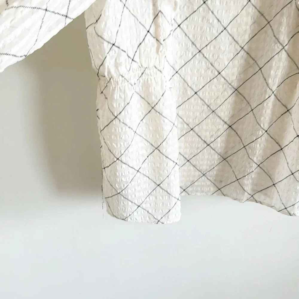 Loft cream/ivory Plaid Ruffle Blouse size large NWT - Picture 6 of 10